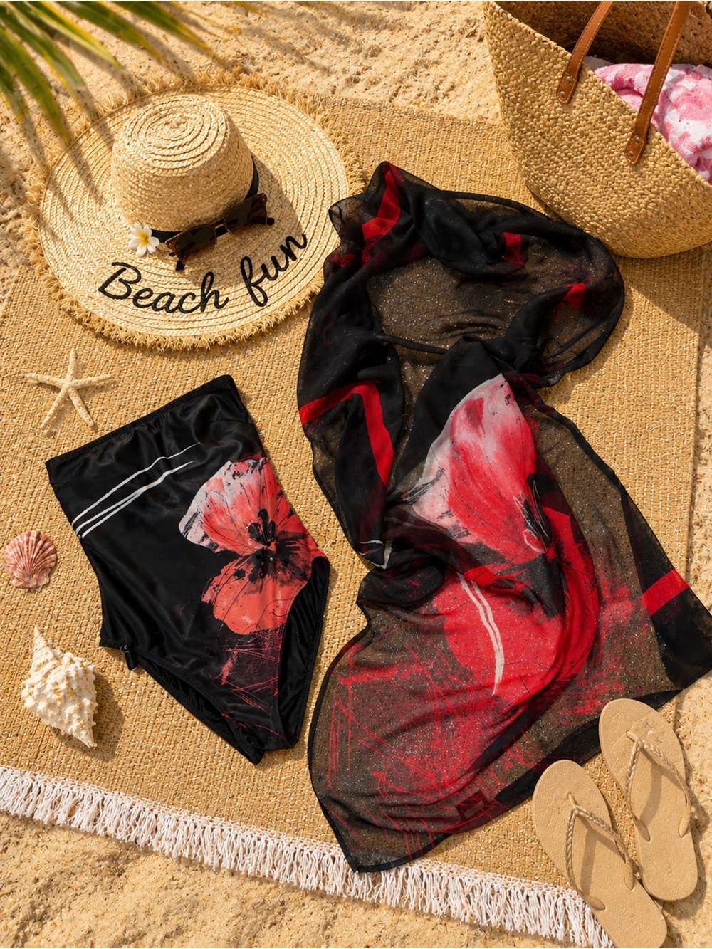 Gottex Black Swim Set with Red Floral Sheer Cover-Up